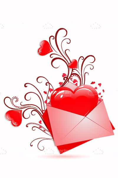 Red Heart in Pink Envelope with Floral Ornaments